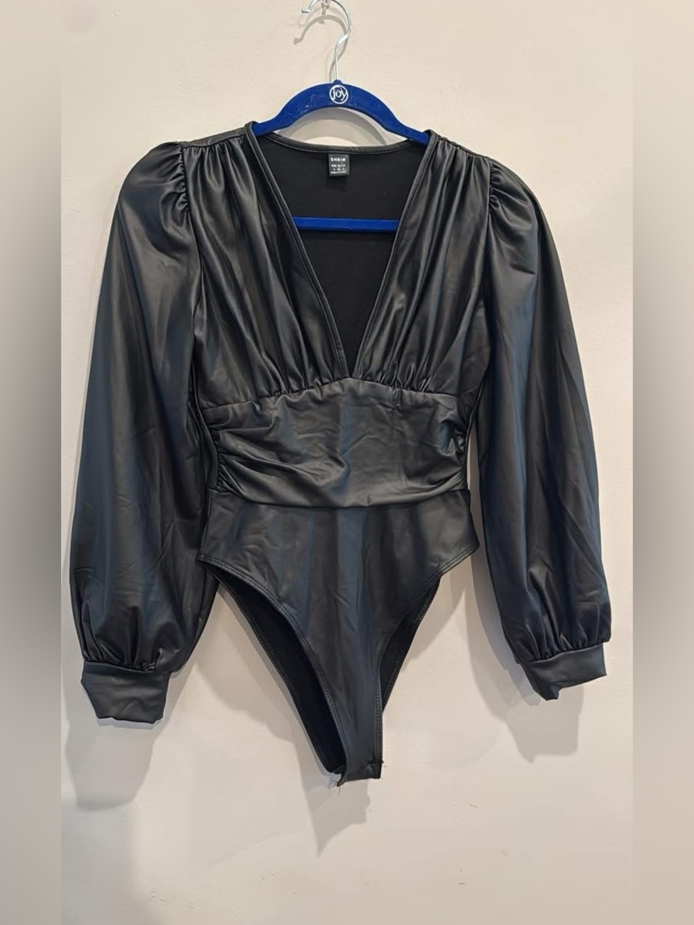 Black Faux-Leather Puff-Sleeve One-Piece Bodysuit -